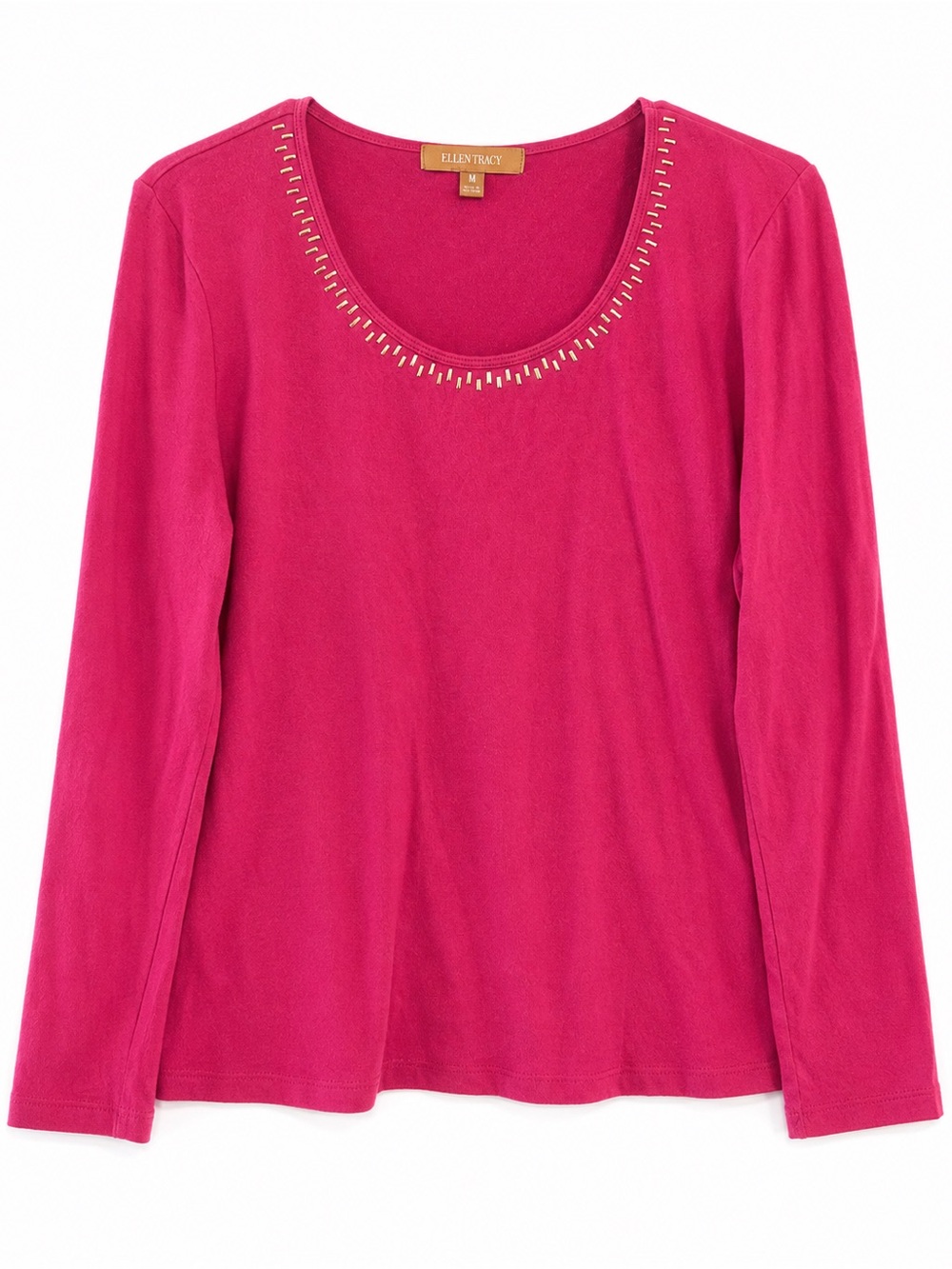 Ellen Tracy Beaded Neckline Top Hot Pink Long Sleeve Scoop Neck Size M